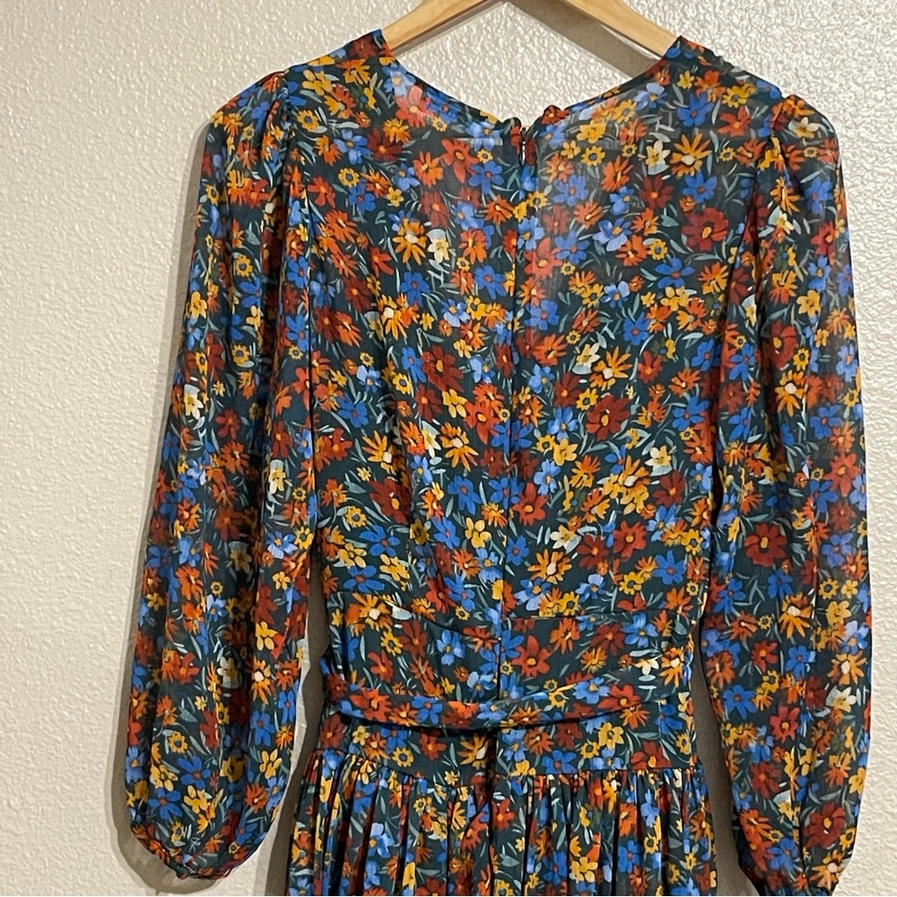 Surplice‎ Neck Three-Quarter Sleeve Floral Print Faux Wrap Midi Dress Sz 8 - Picture 12 of 14